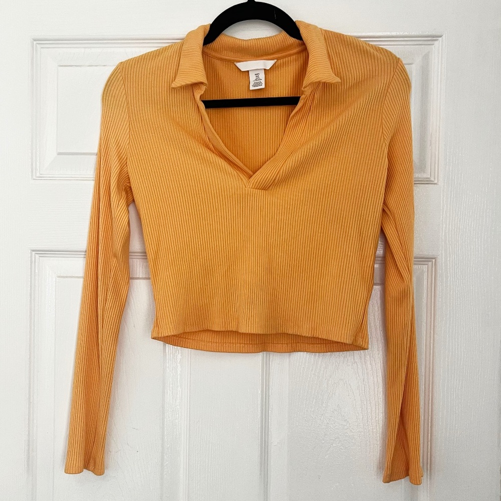 H&M Orange Ribbed Long Sleeve Collared Top